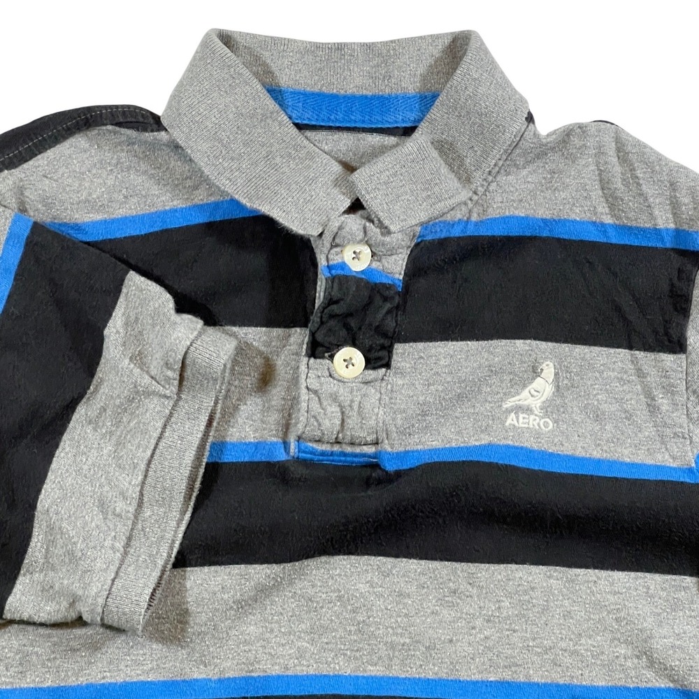 Aeropostale Polo Shirt Mens Small Gray Black Striped Skater Preppy Indie Casual